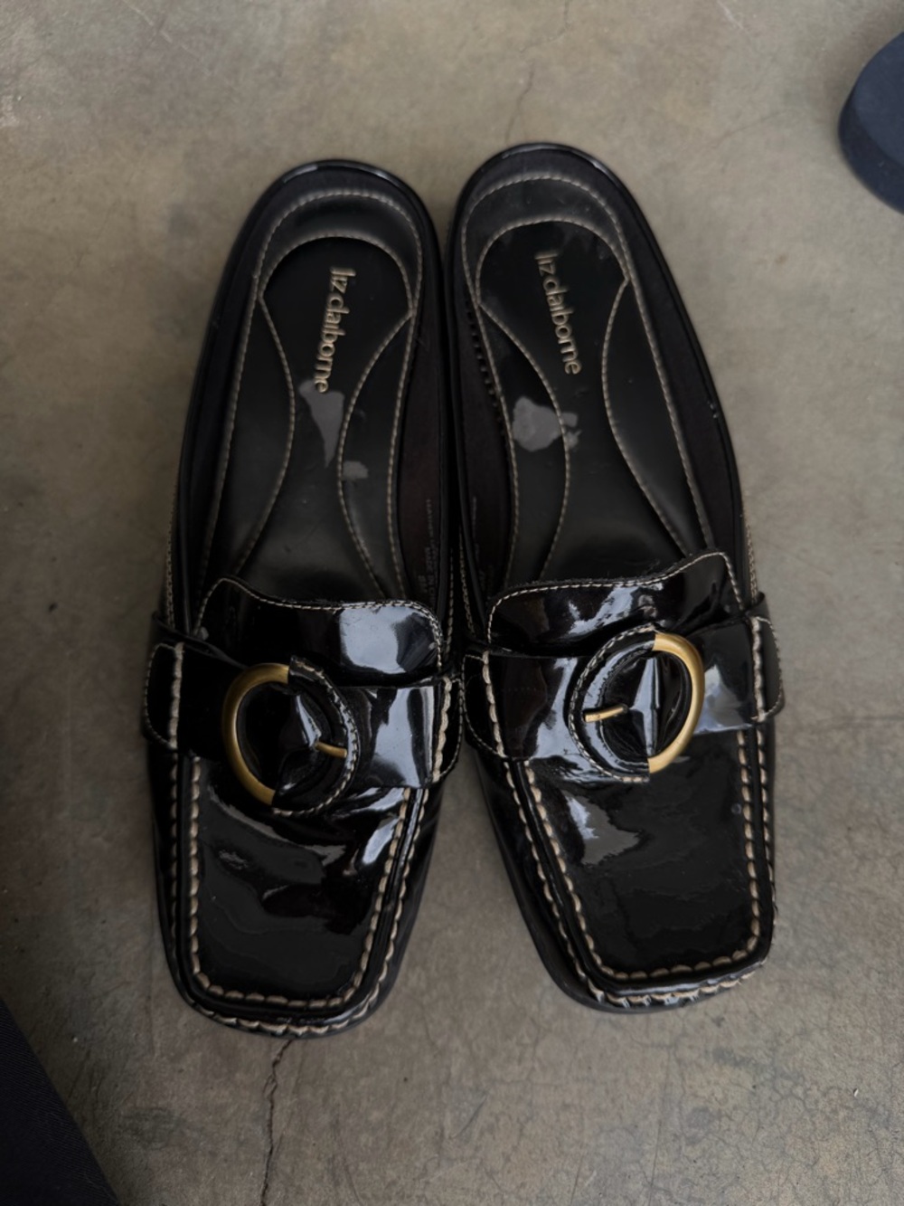 Liz Claiborne Vintage Black Patent Loafers with Gold Accent